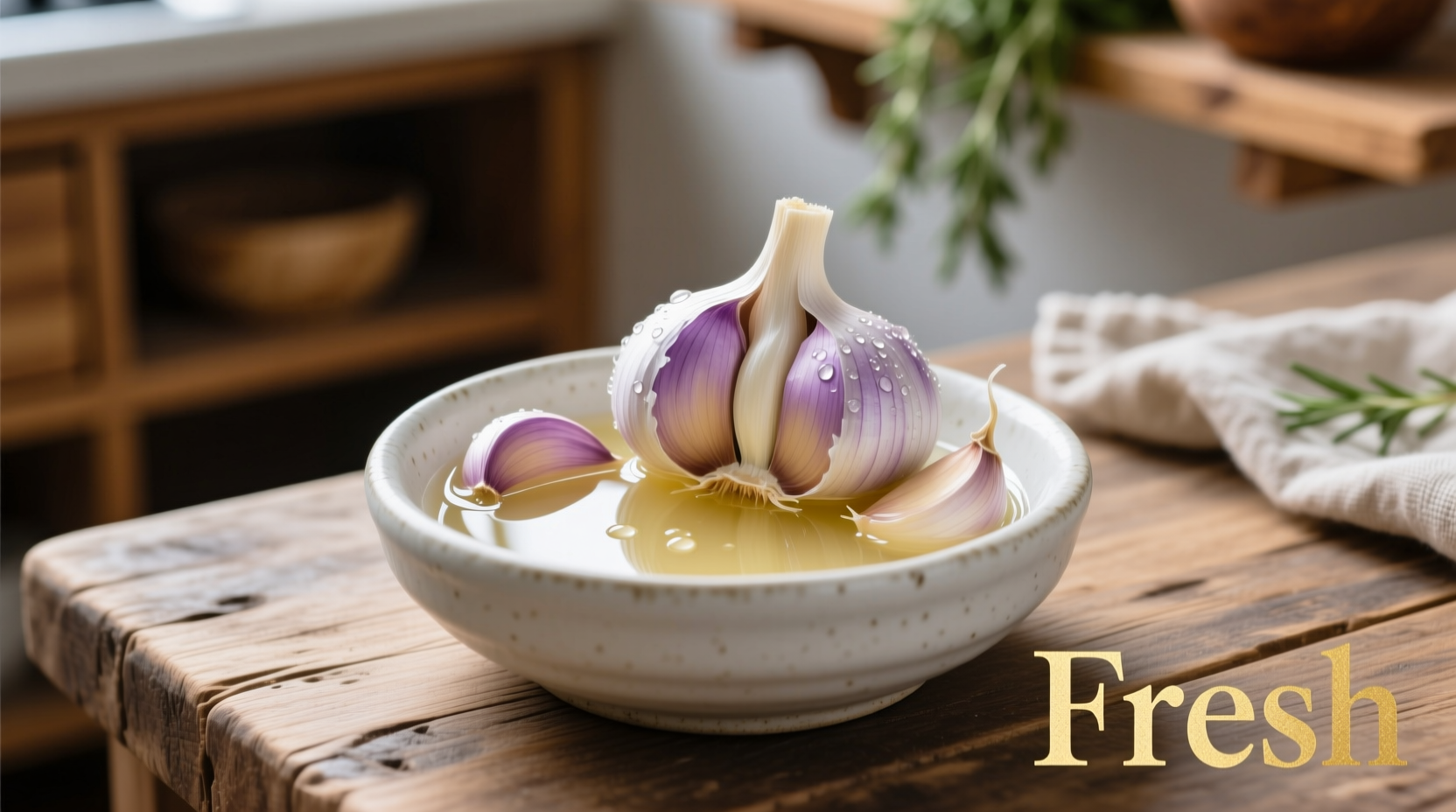 Fresh garlic cloves and extracted garlic juice in small bowl