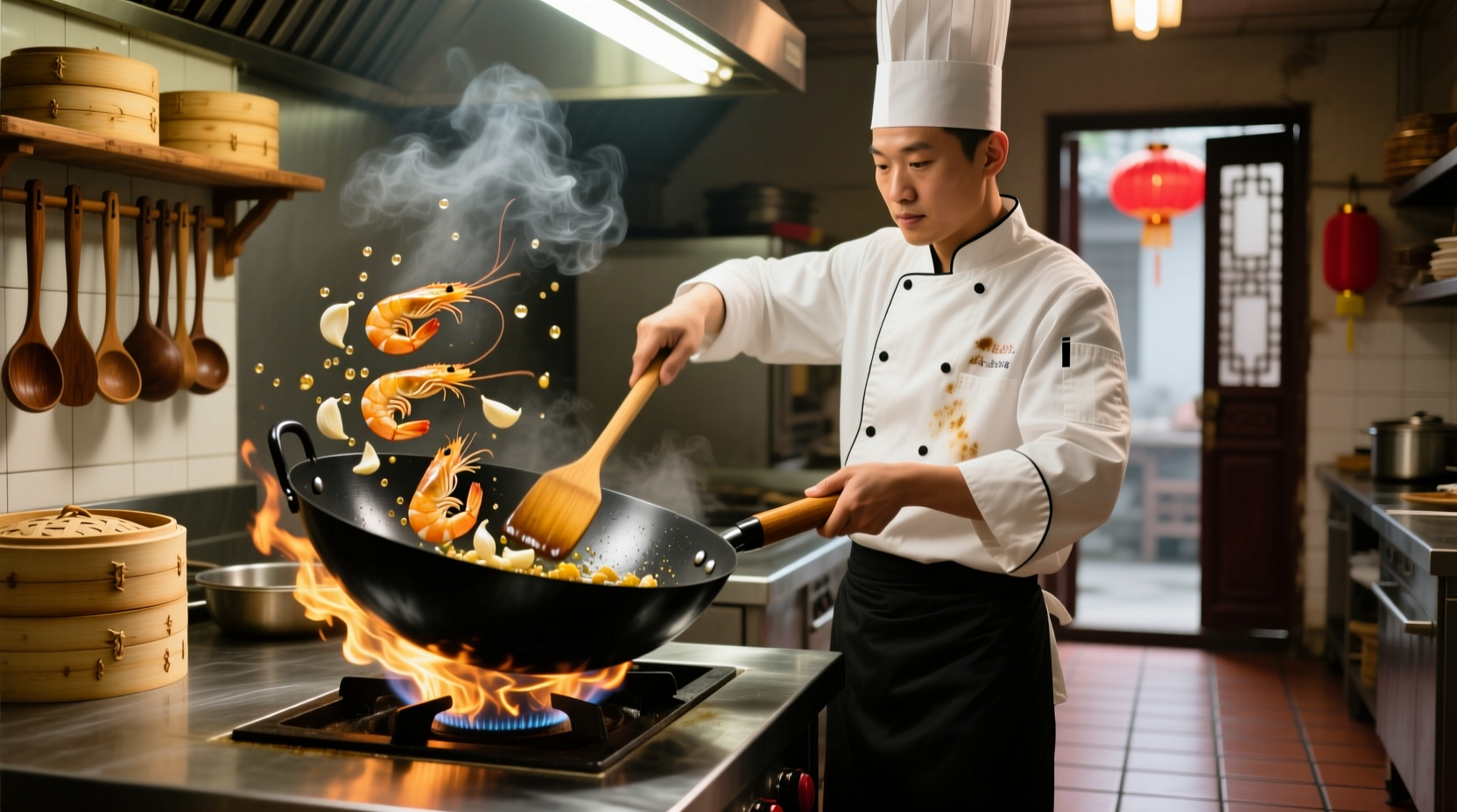 Chef stir-frying garlic shrimp in traditional wok