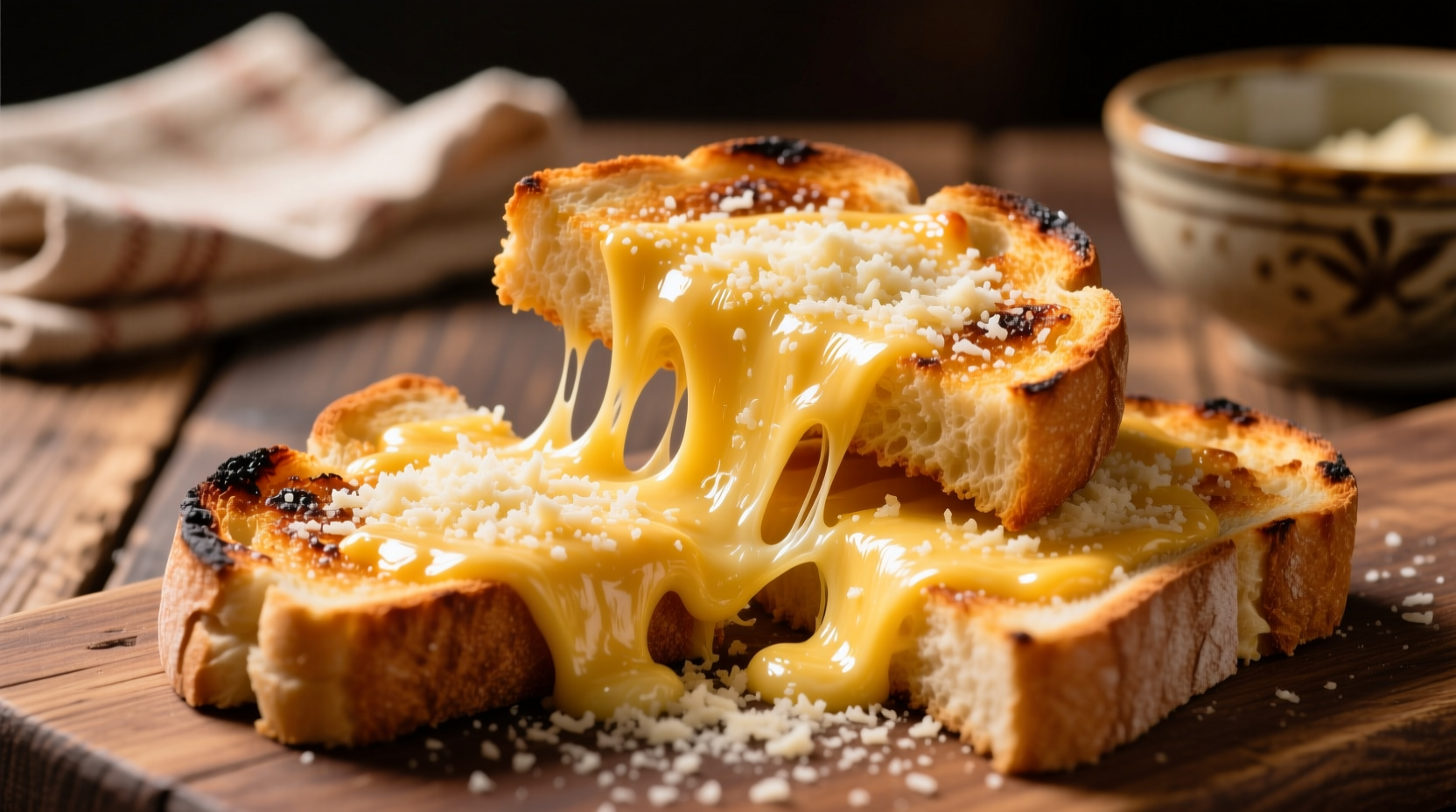 Golden parmesan garlic toast with melted cheese strands
