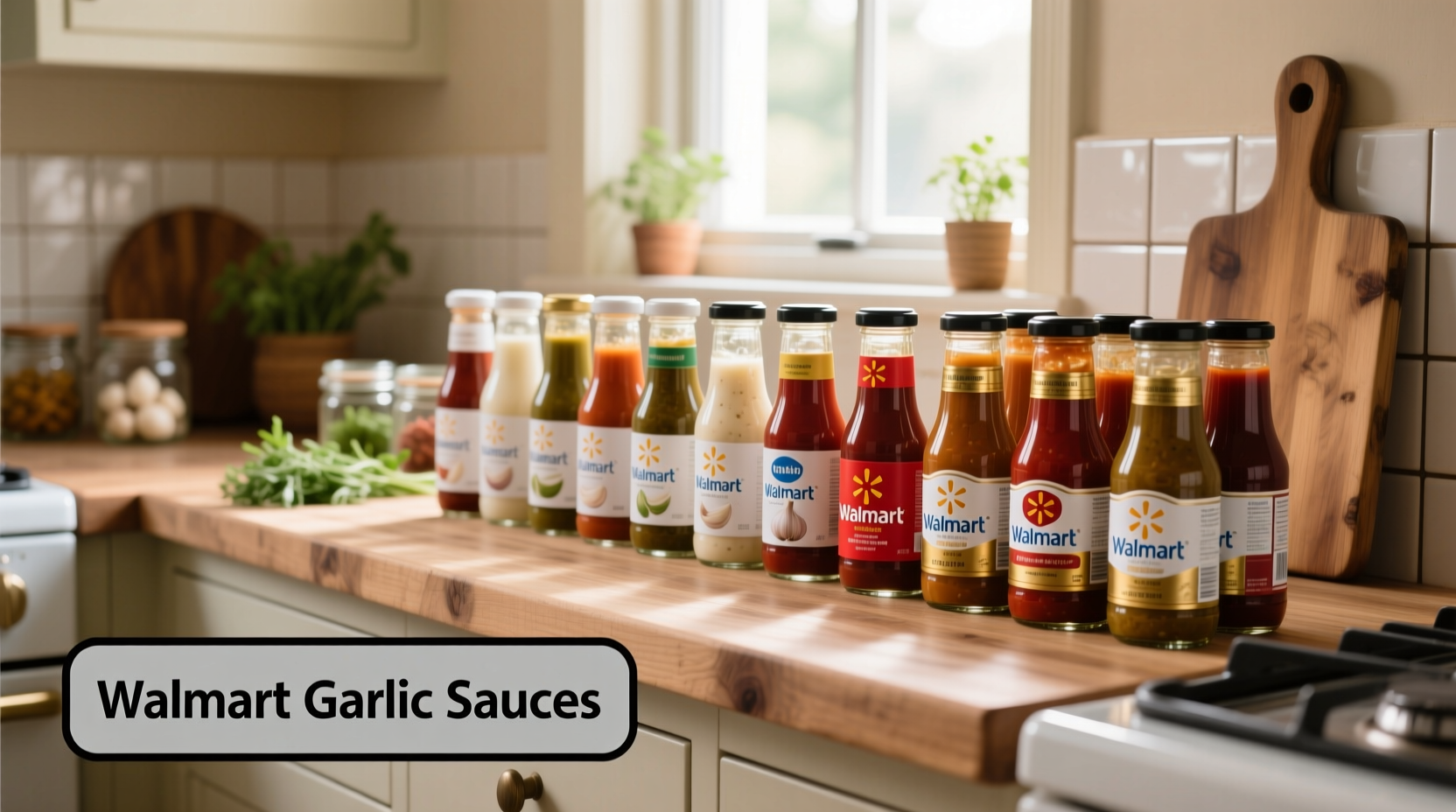 Walmart garlic sauce varieties arranged on kitchen counter