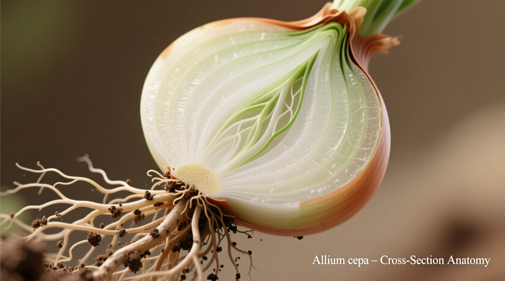 Cross-section showing onion bulb layers and root fibers