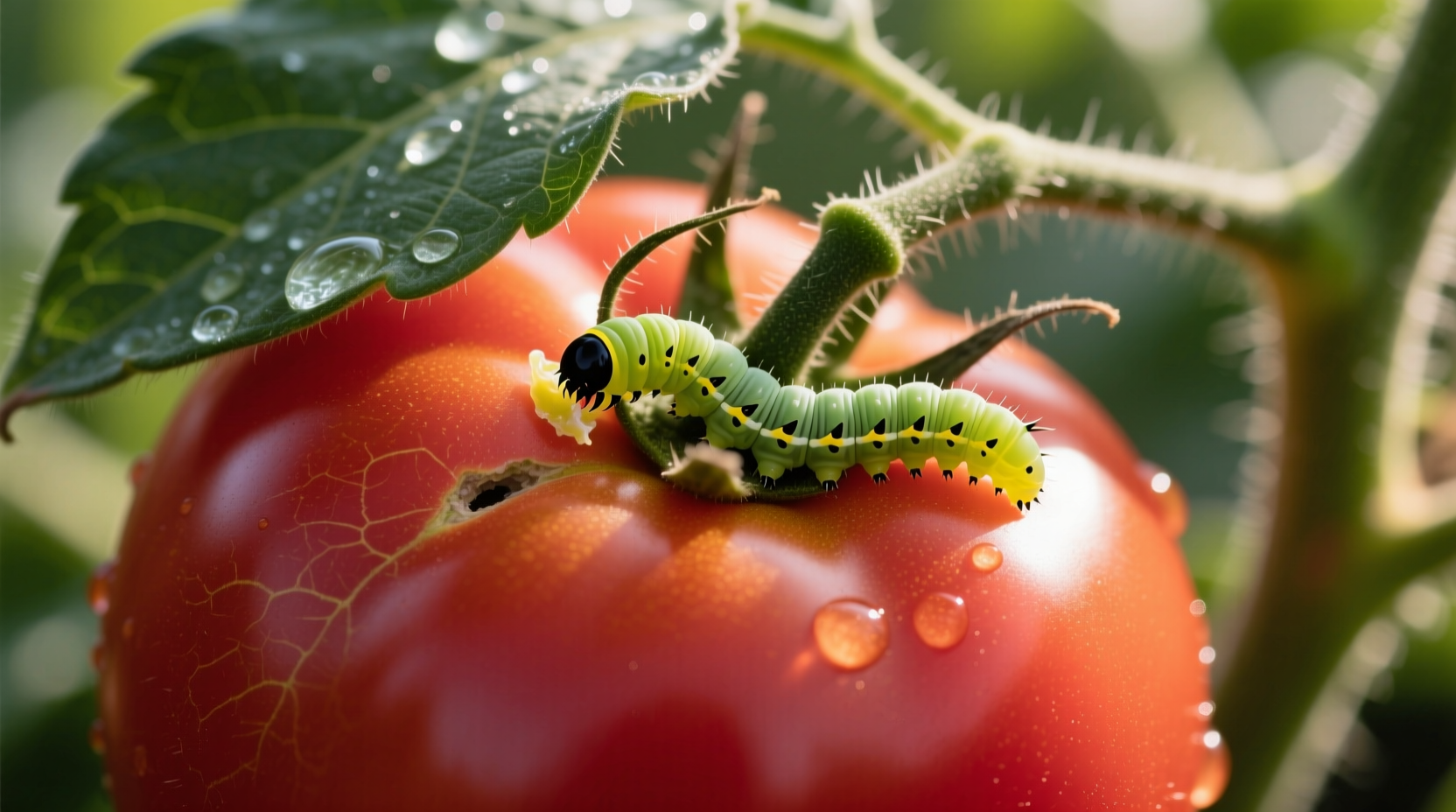 Tomato fruit worm larva on ripening tomato