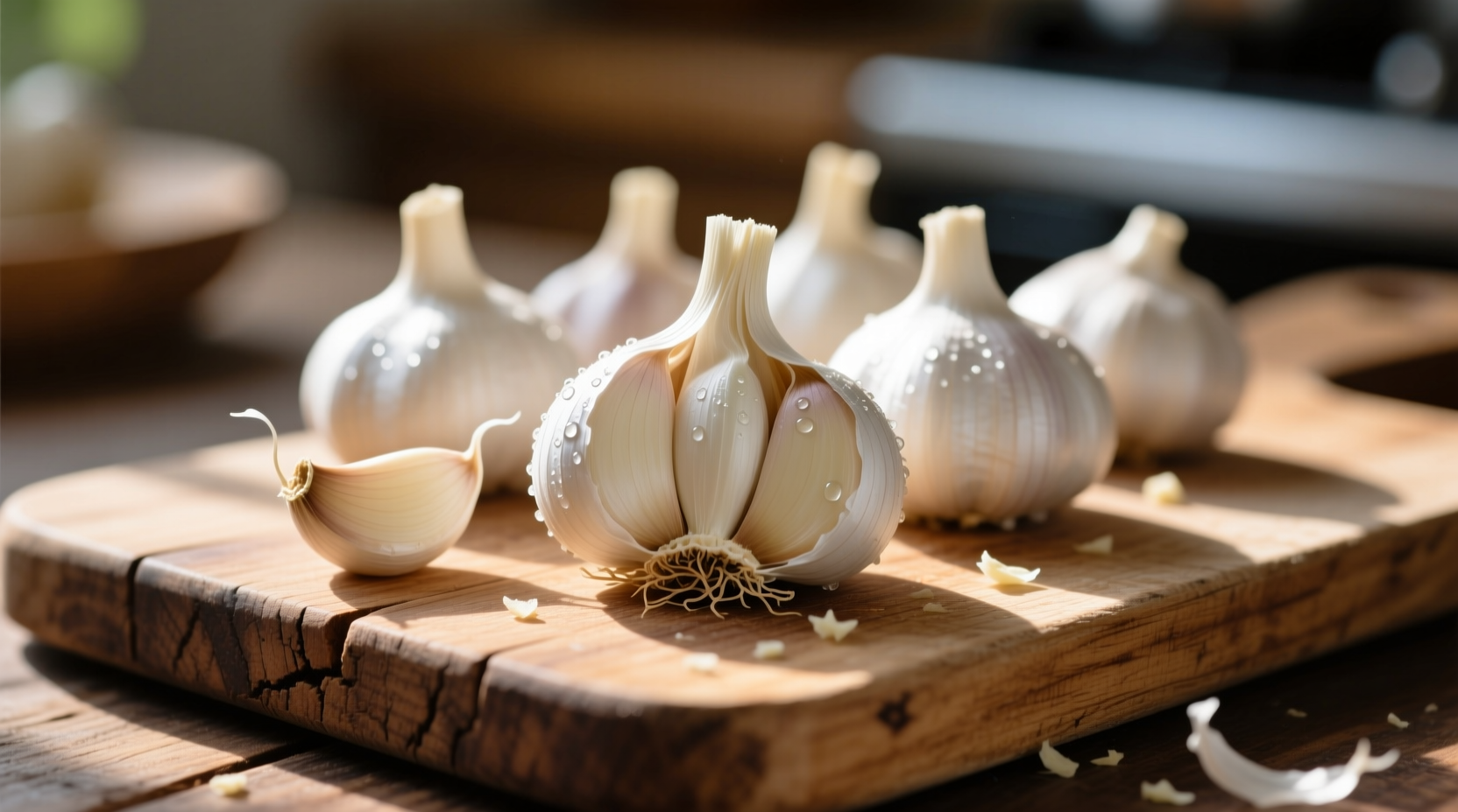 Fresh garlic cloves on wooden cutting board