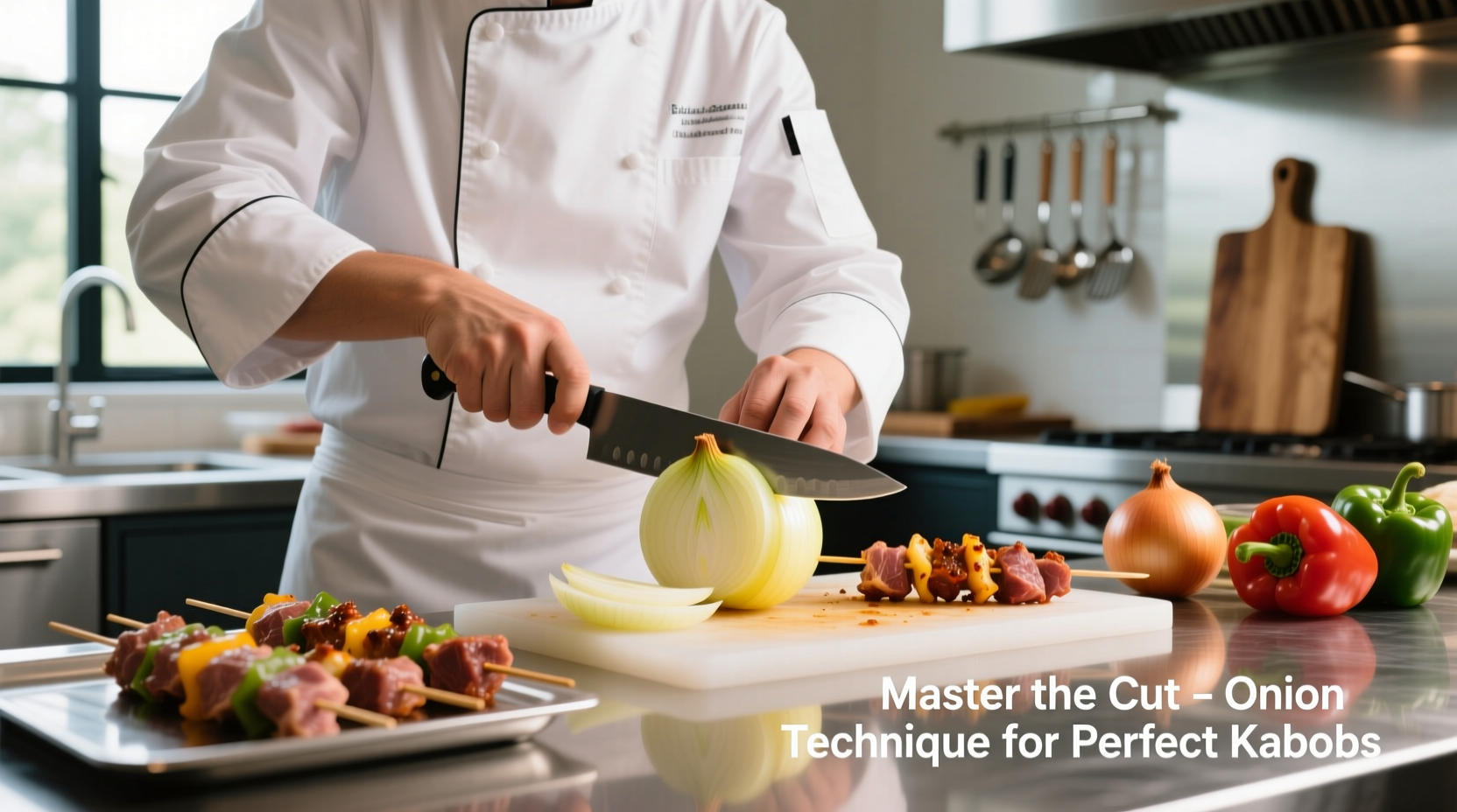 Chef demonstrating proper onion cutting technique for kabobs