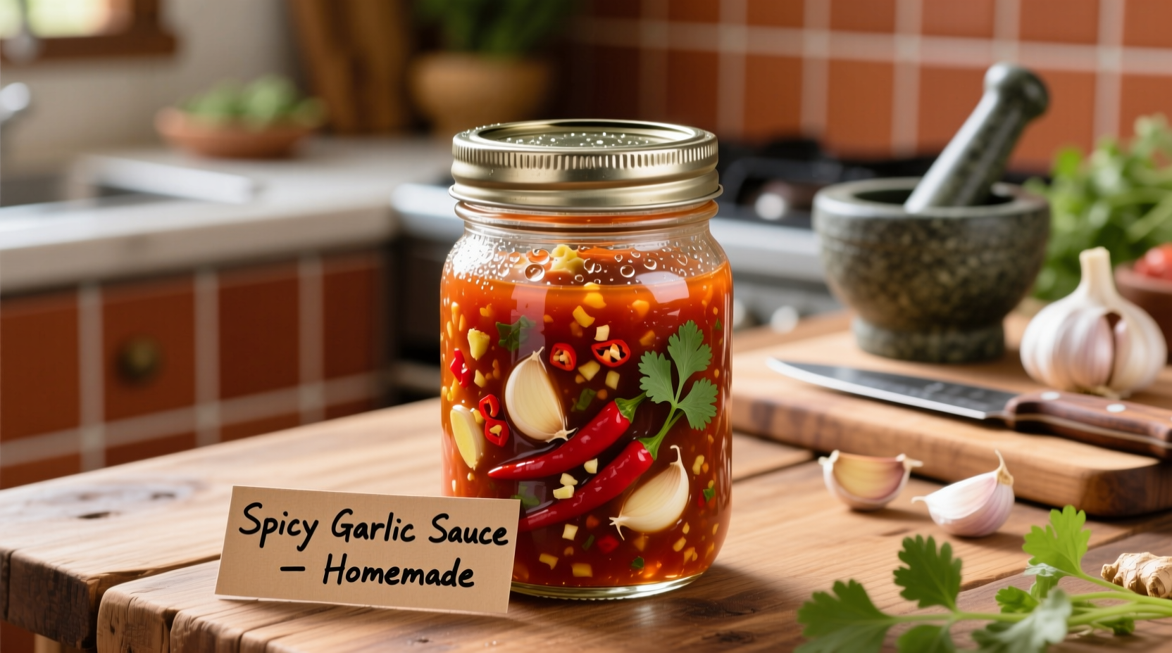 Homemade spicy garlic sauce in glass jar with fresh ingredients