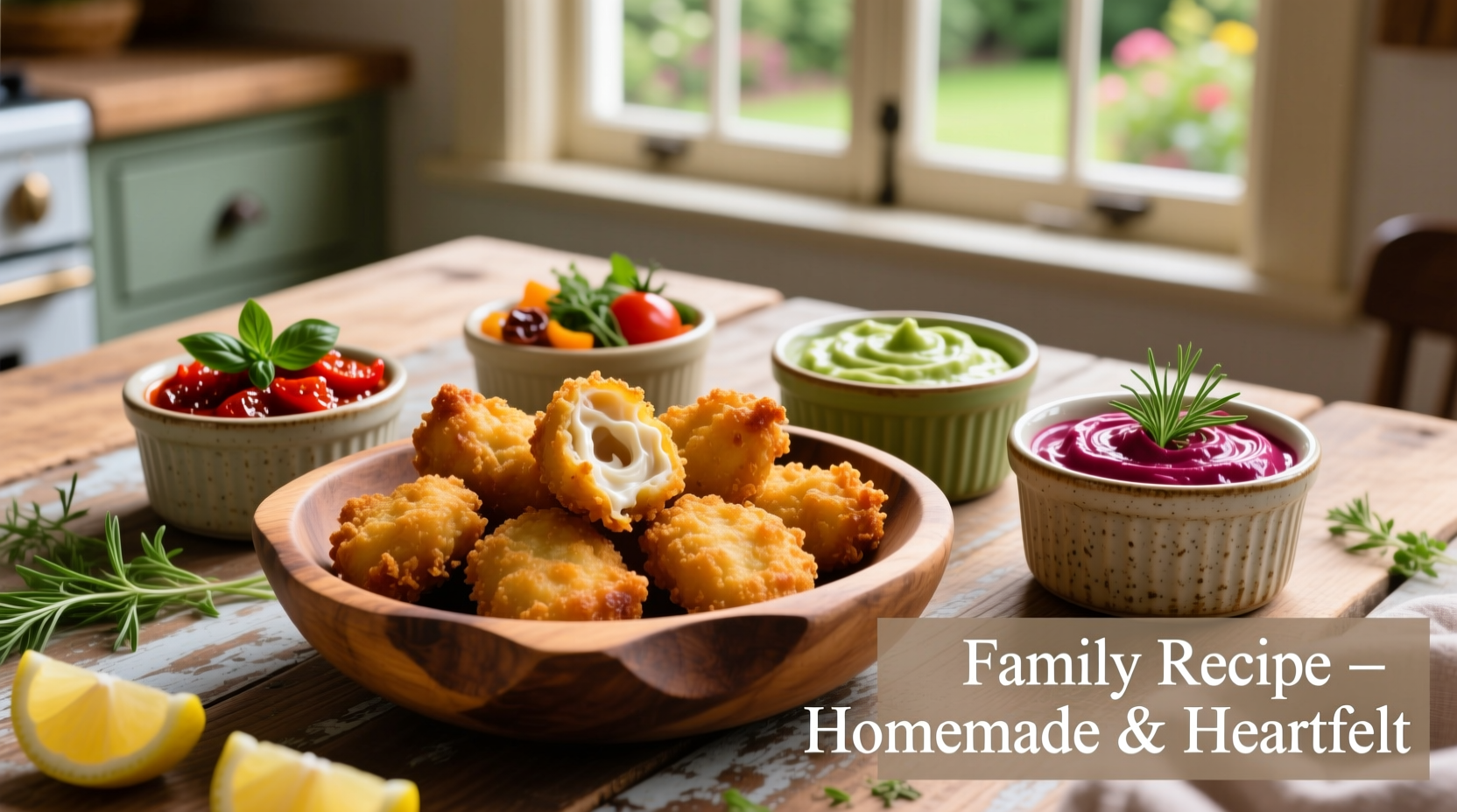 Homemade chicken nuggets with colorful vegetable dipping sauces