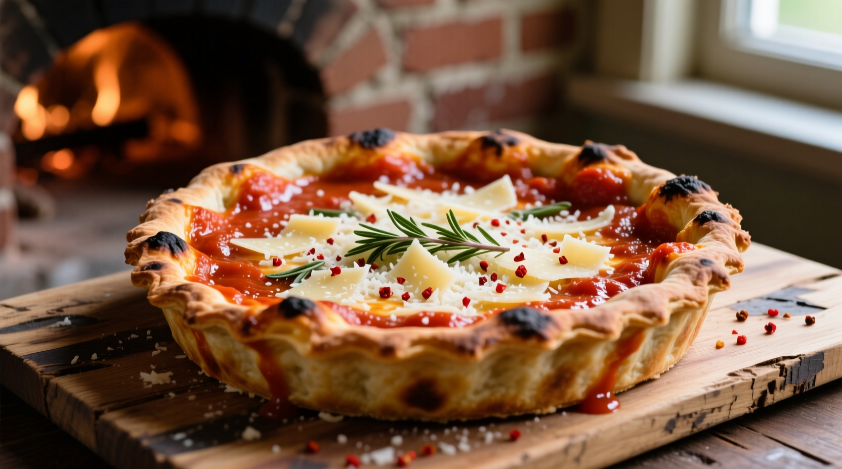 Traditional Utica tomato pie with distinctive sauce-on-top presentation