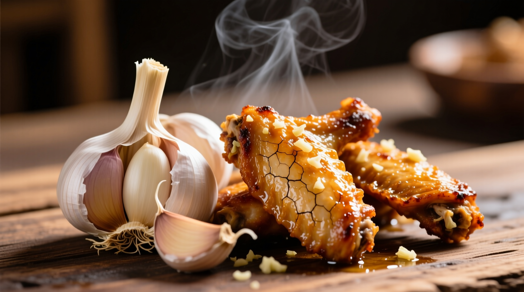 Fresh garlic cloves next to crispy chicken wings