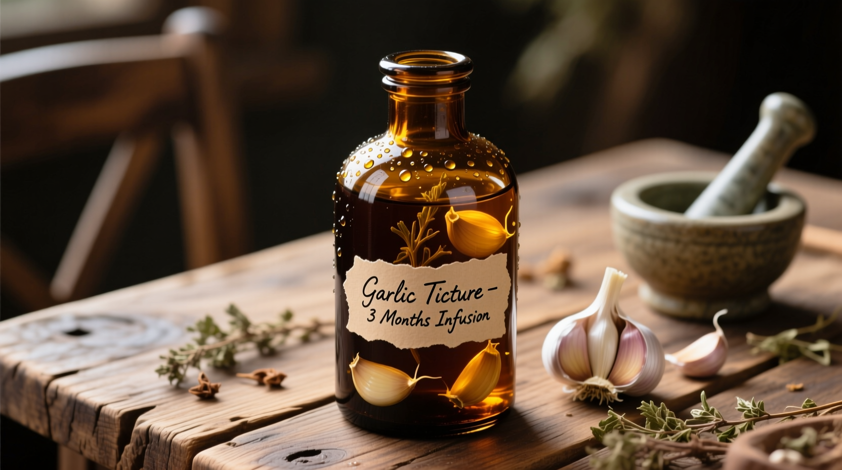 Homemade garlic tincture in amber glass bottle