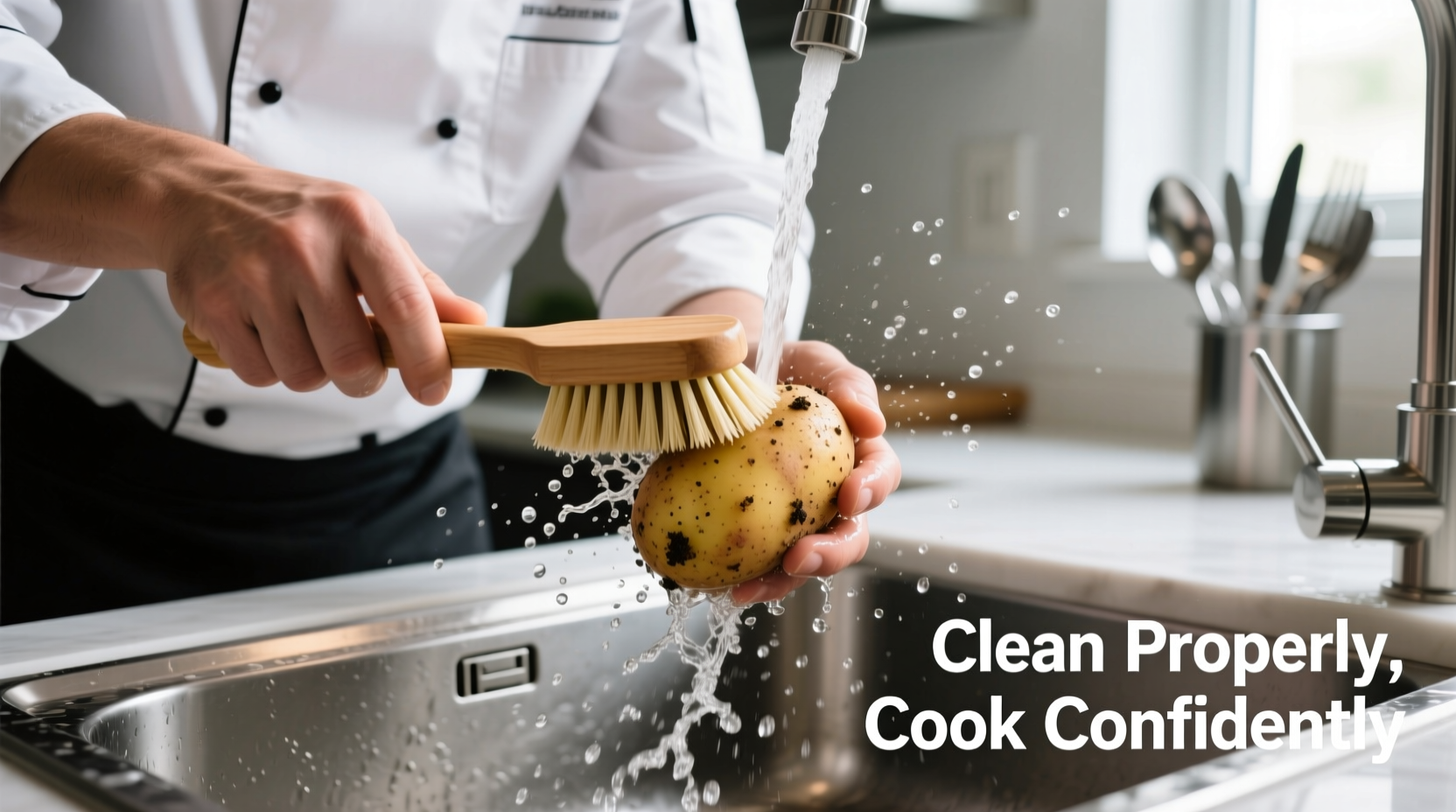 Chef demonstrating proper potato cleaning technique with brush
