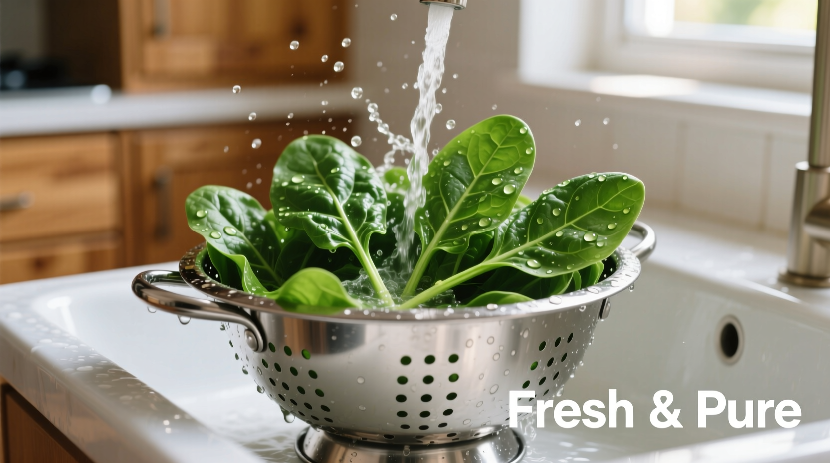 Fresh spinach leaves in a colander being washed