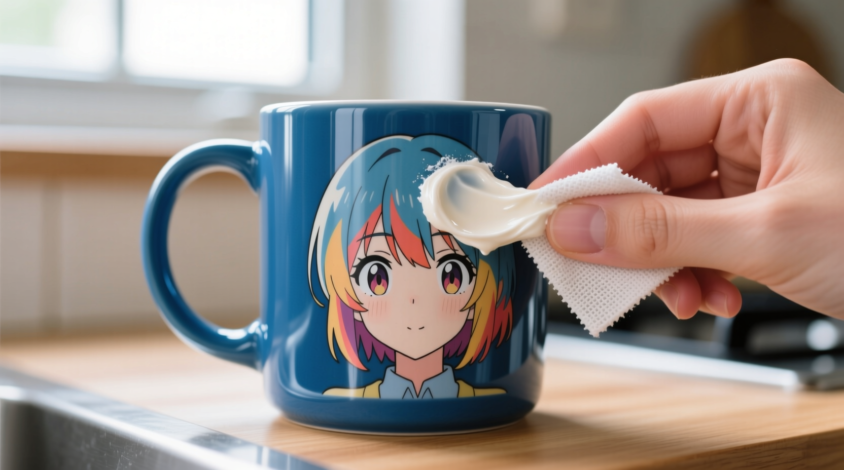 Close-up photo of a hand applying off-white baking soda paste to a glossy blue ceramic mug featuring a detailed anime character illustration; microfiber cloth visible, no visible scrubbing motion, ambient natural lighting
