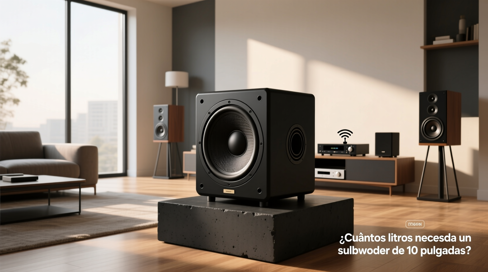 Close-up view of a 10-inch subwoofer showing cone texture and surround