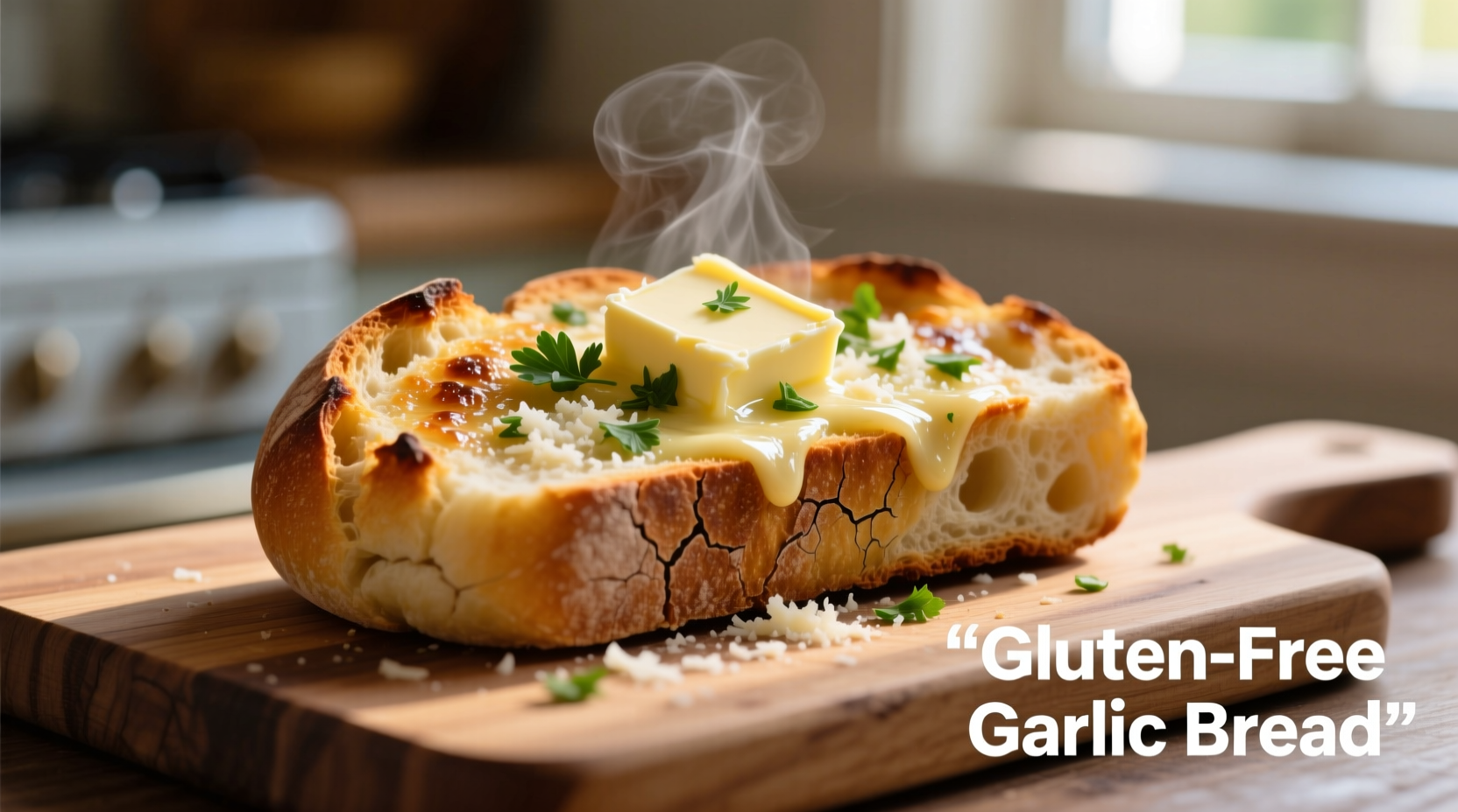 Freshly baked gluten free garlic bread with golden crust