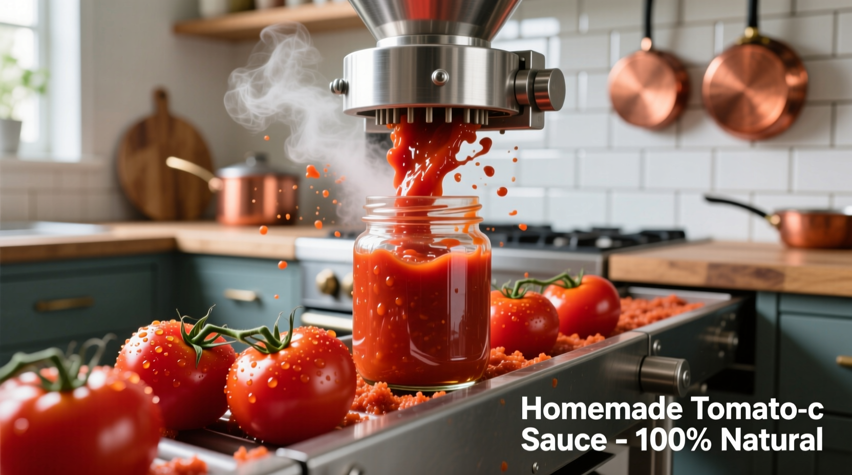 Fresh tomatoes being processed into jarred sauce
