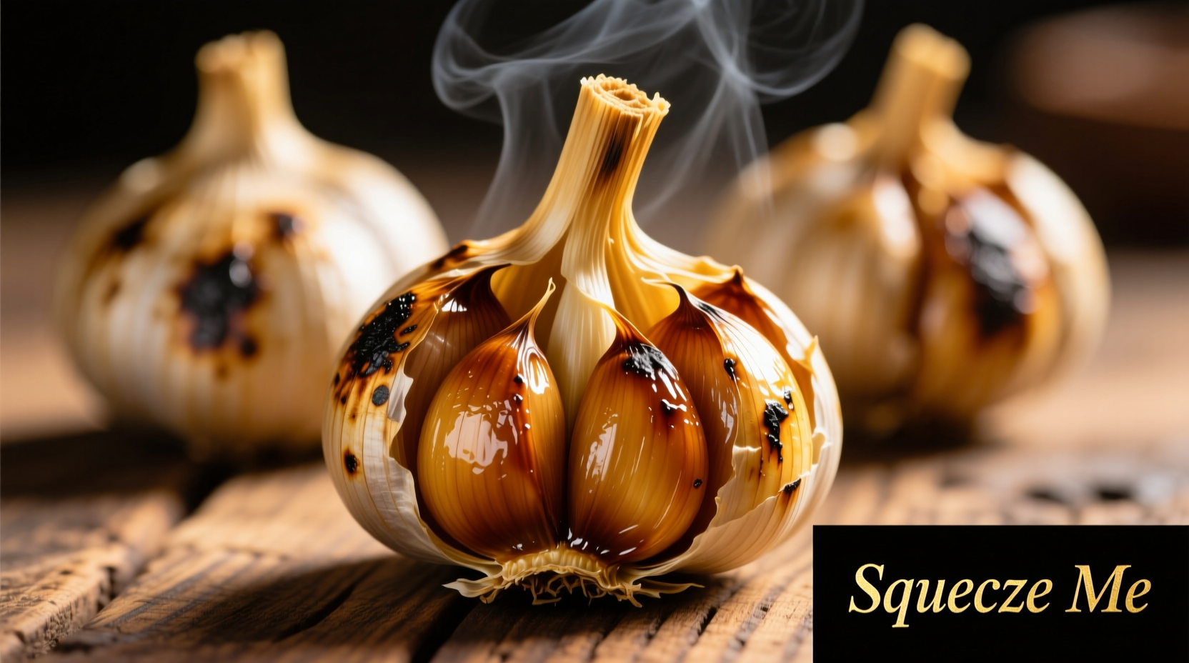 Golden roasted garlic heads with cloves ready to squeeze out