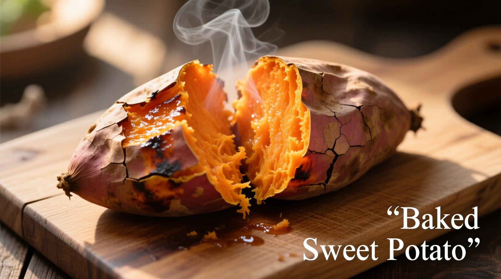 Baked sweet potato with skin showing vibrant orange interior