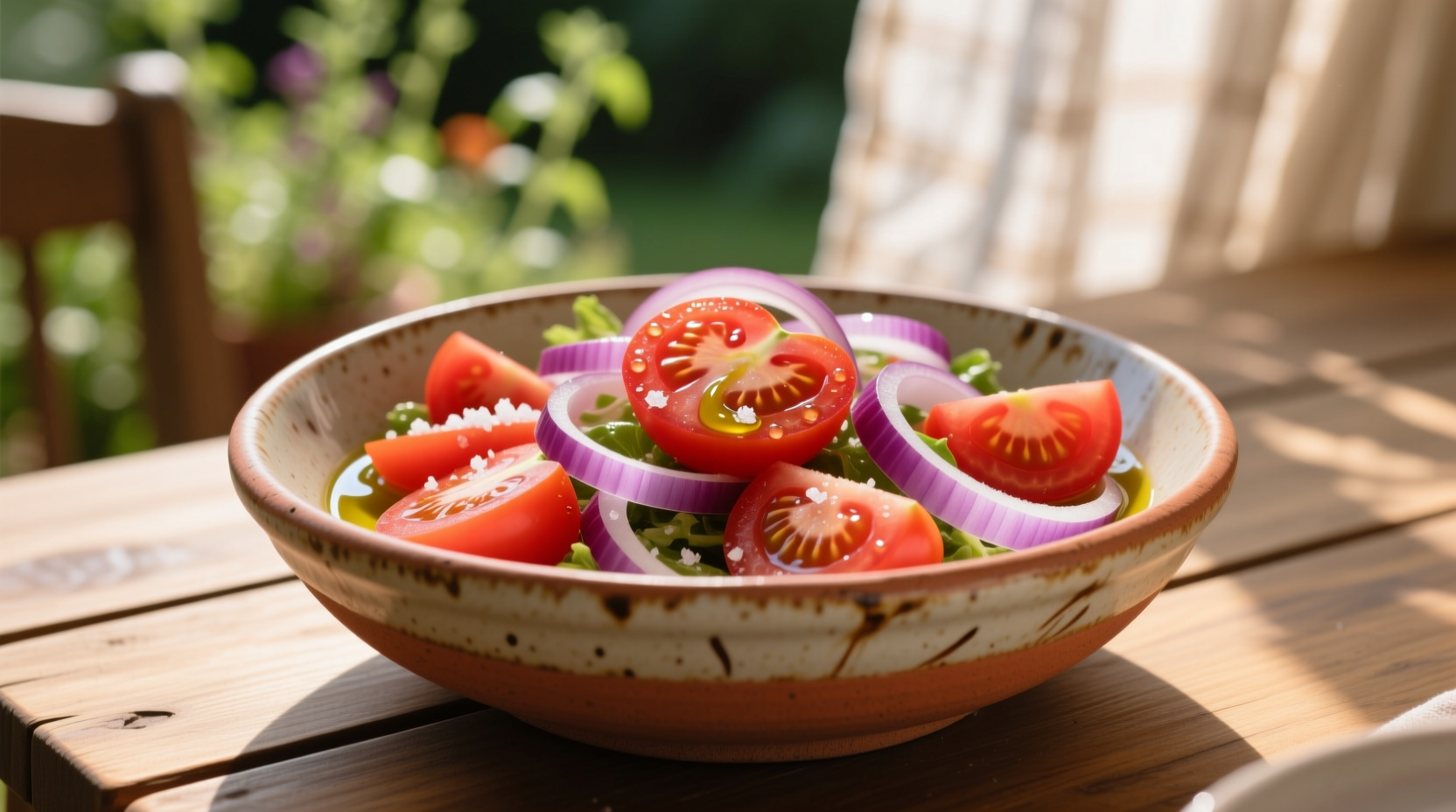 Fresh tomato and onion salad in a ceramic bowl