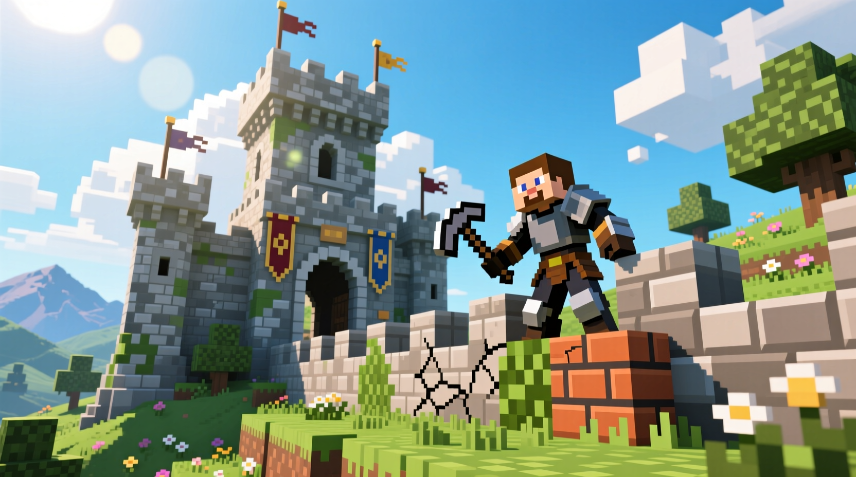 Minecraft player building castle with brick blocks and variants