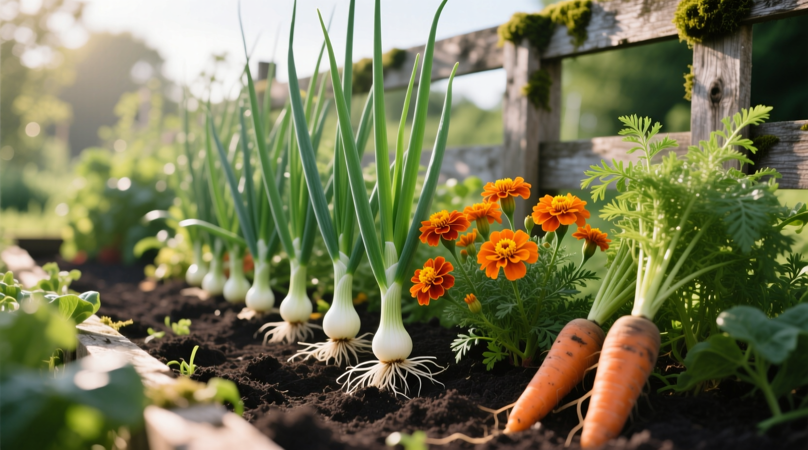 Onion plants growing alongside marigolds and carrots in garden bed