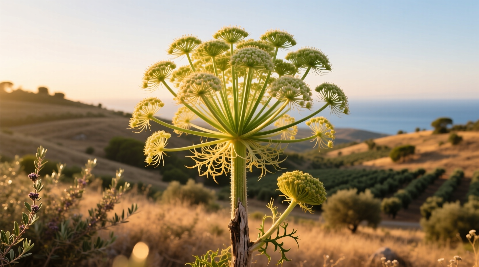 Giant fennel plant in full bloom against Mediterranean landscape