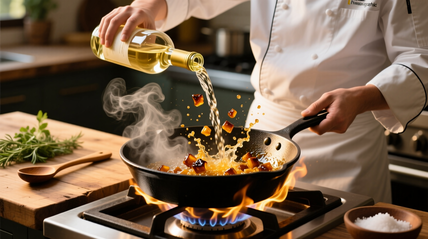 Chef pouring dry white wine into sizzling pan for deglazing