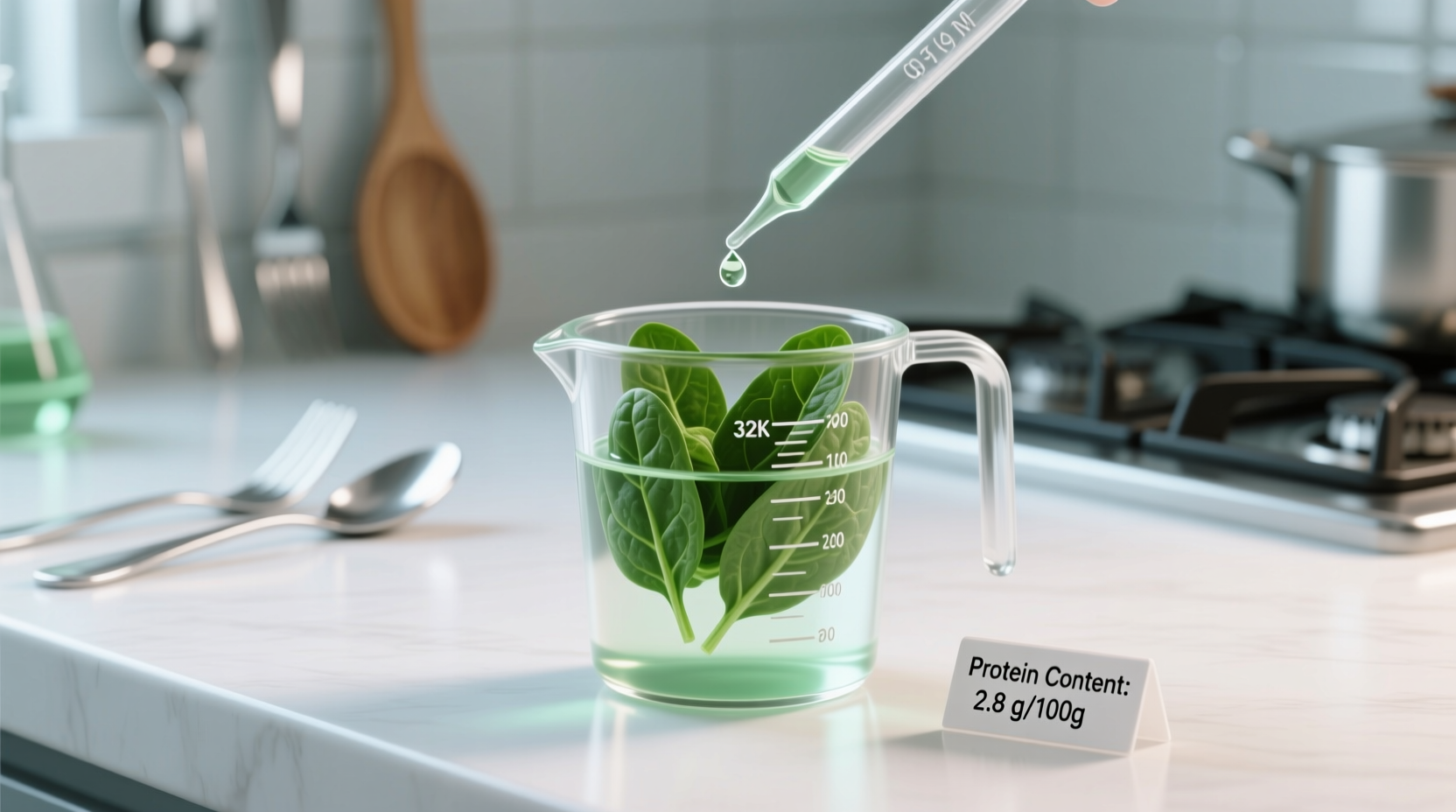 Measuring spinach protein content in kitchen cup