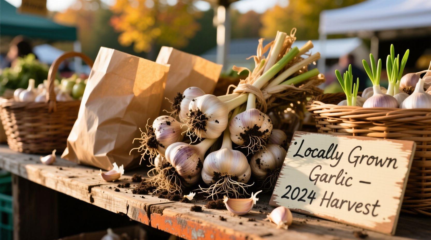 Freshly harvested garlic bulbs at Stroudsburg Farmers Market