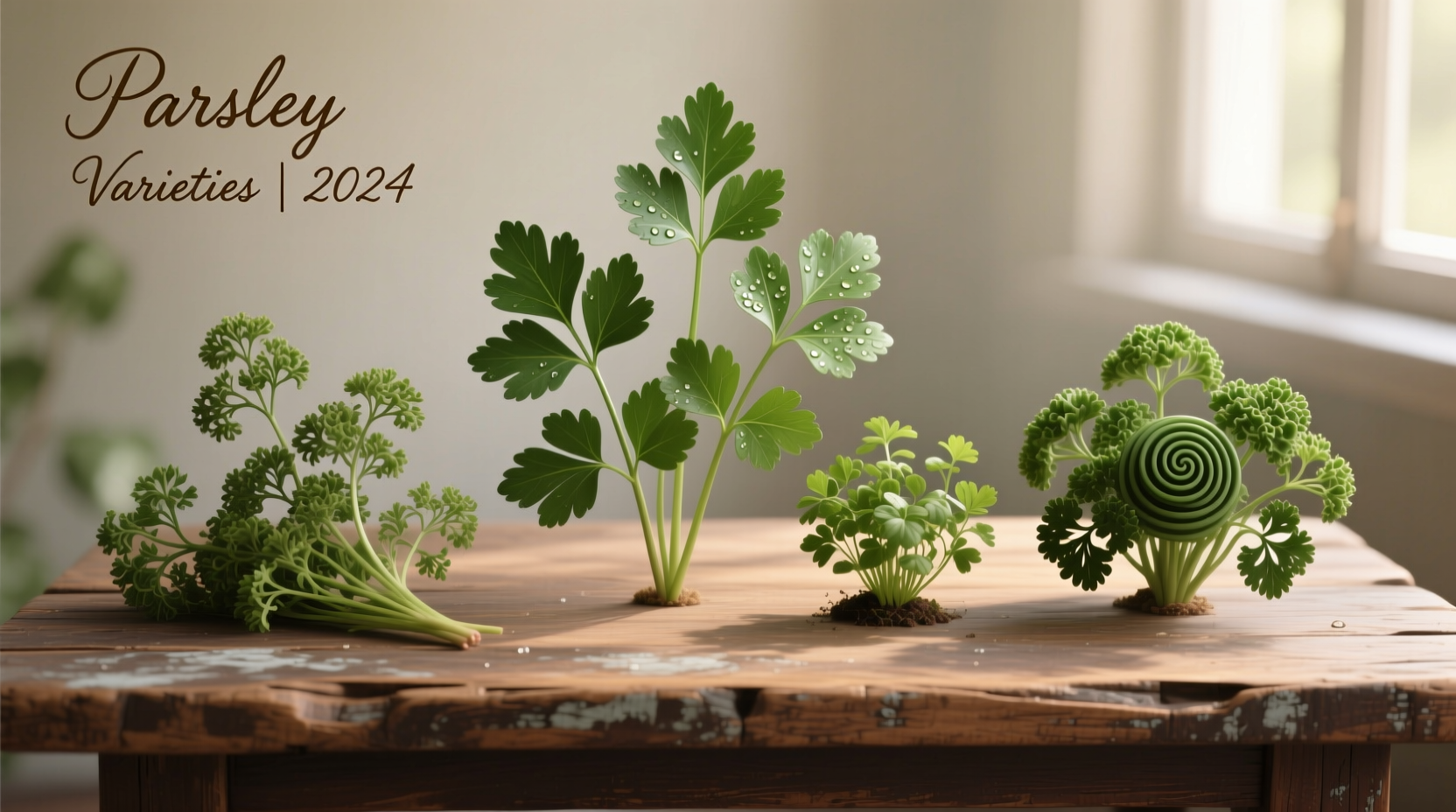 Four different parsley varieties on wooden table