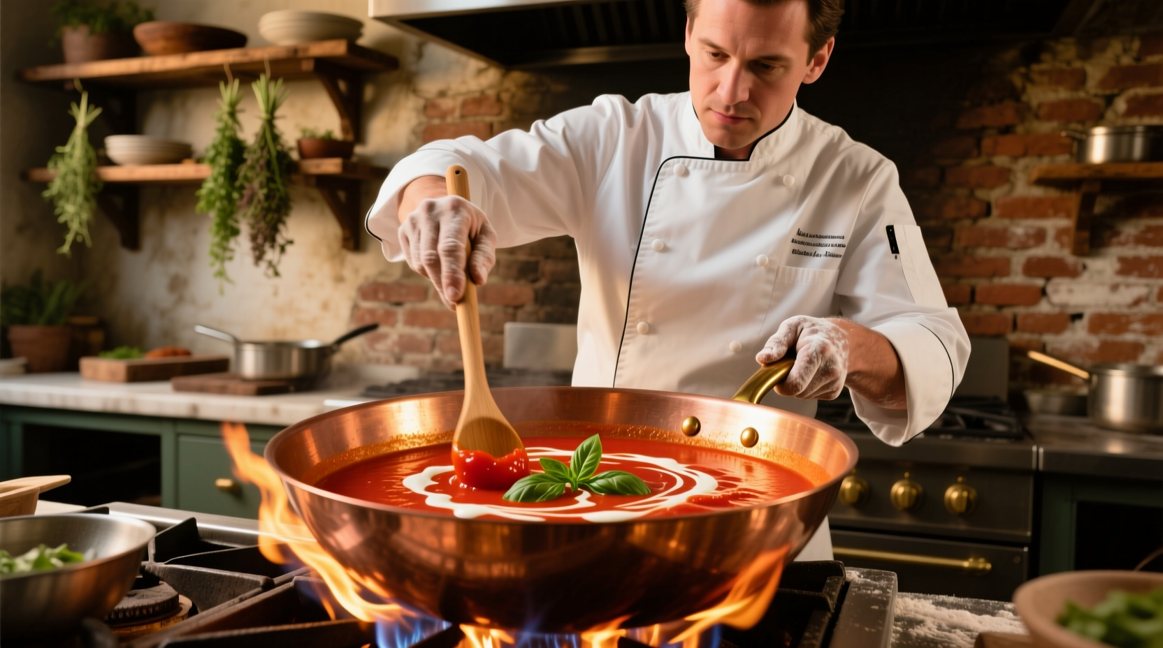 Chef stirring vibrant tomato bisque in copper pot