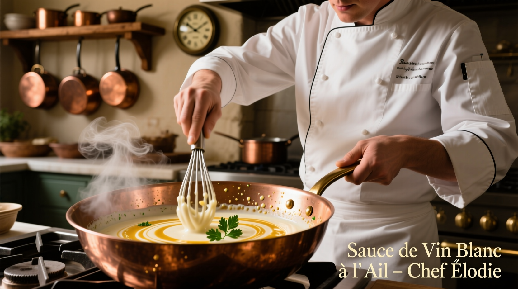 Chef whisking white wine garlic sauce in copper pan