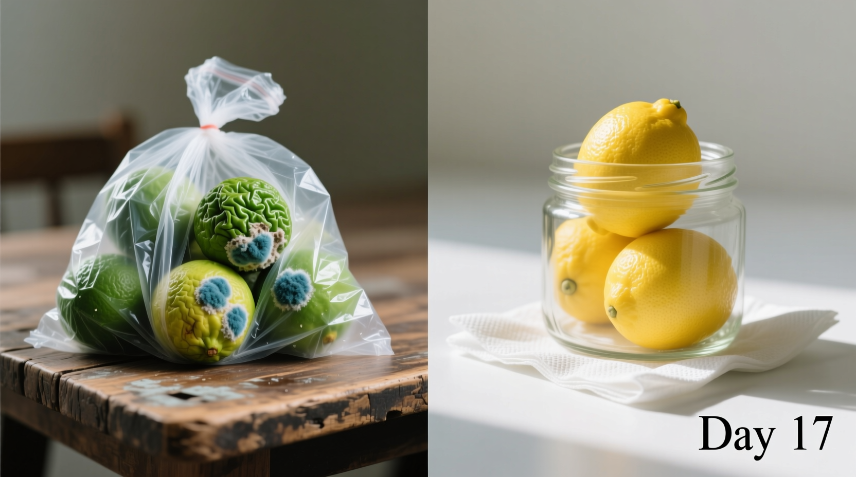Side-by-side comparison: left shows moldy limes in a plastic bag after 4 days; right shows vibrant, firm lemons in a clear glass container lined with fresh paper towel, labeled 'Day 17'
