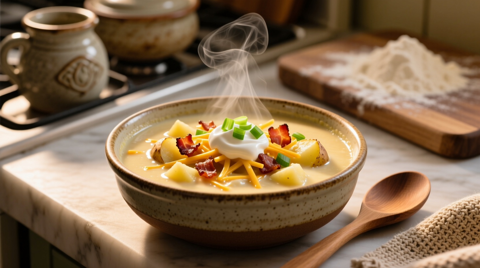 Creamy loaded baked potato soup with toppings