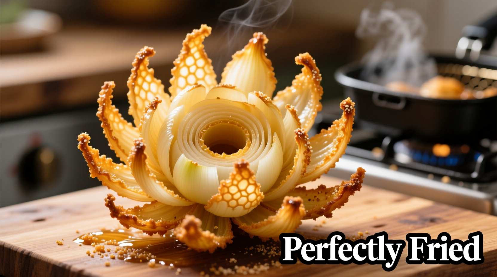 Perfectly fried blooming onion with golden petals