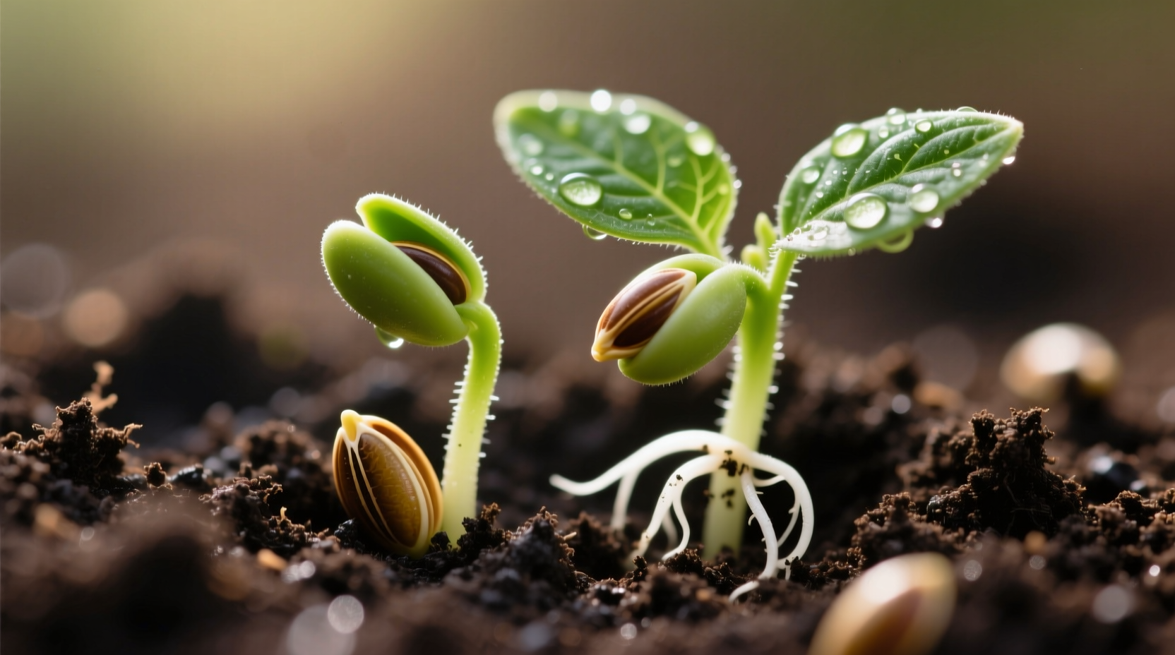 Close-up of tomato seeds in soil with sprouting seedlings