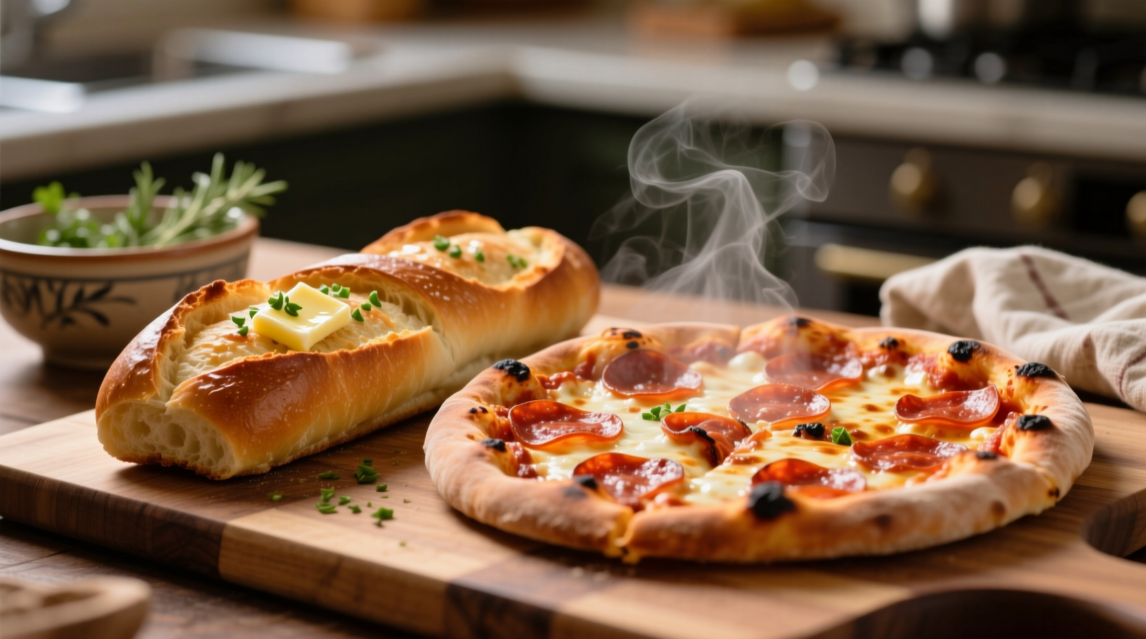 Freshly baked garlic bread beside pepperoni pizza