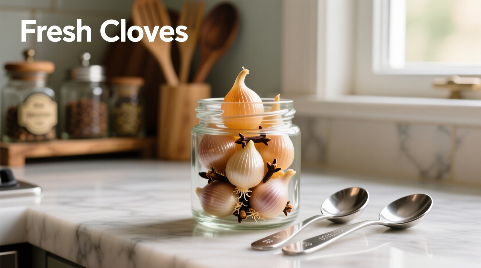 Fresh whole cloves in glass jar with measuring spoons