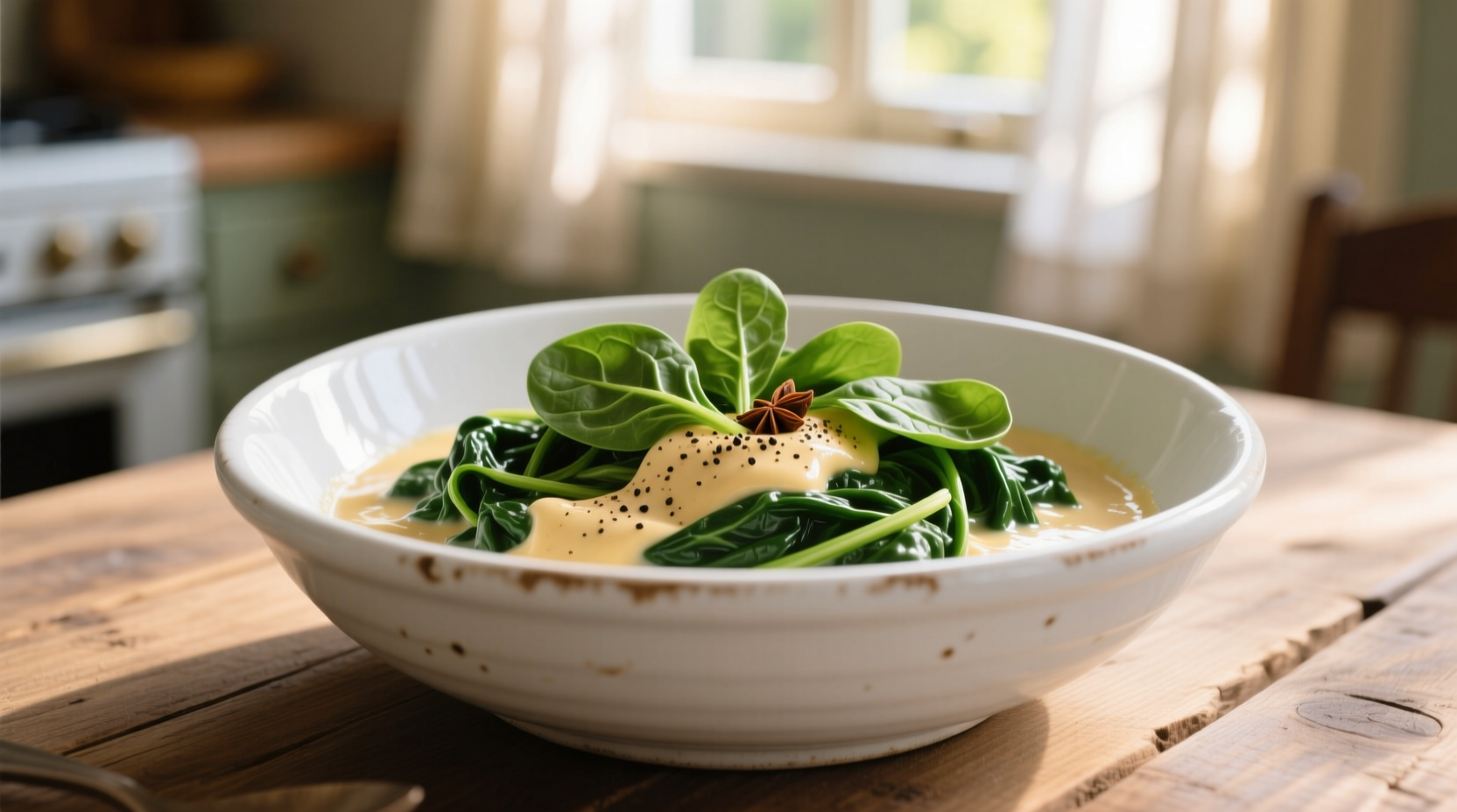 Creamed spinach in white ceramic bowl with fresh spinach
