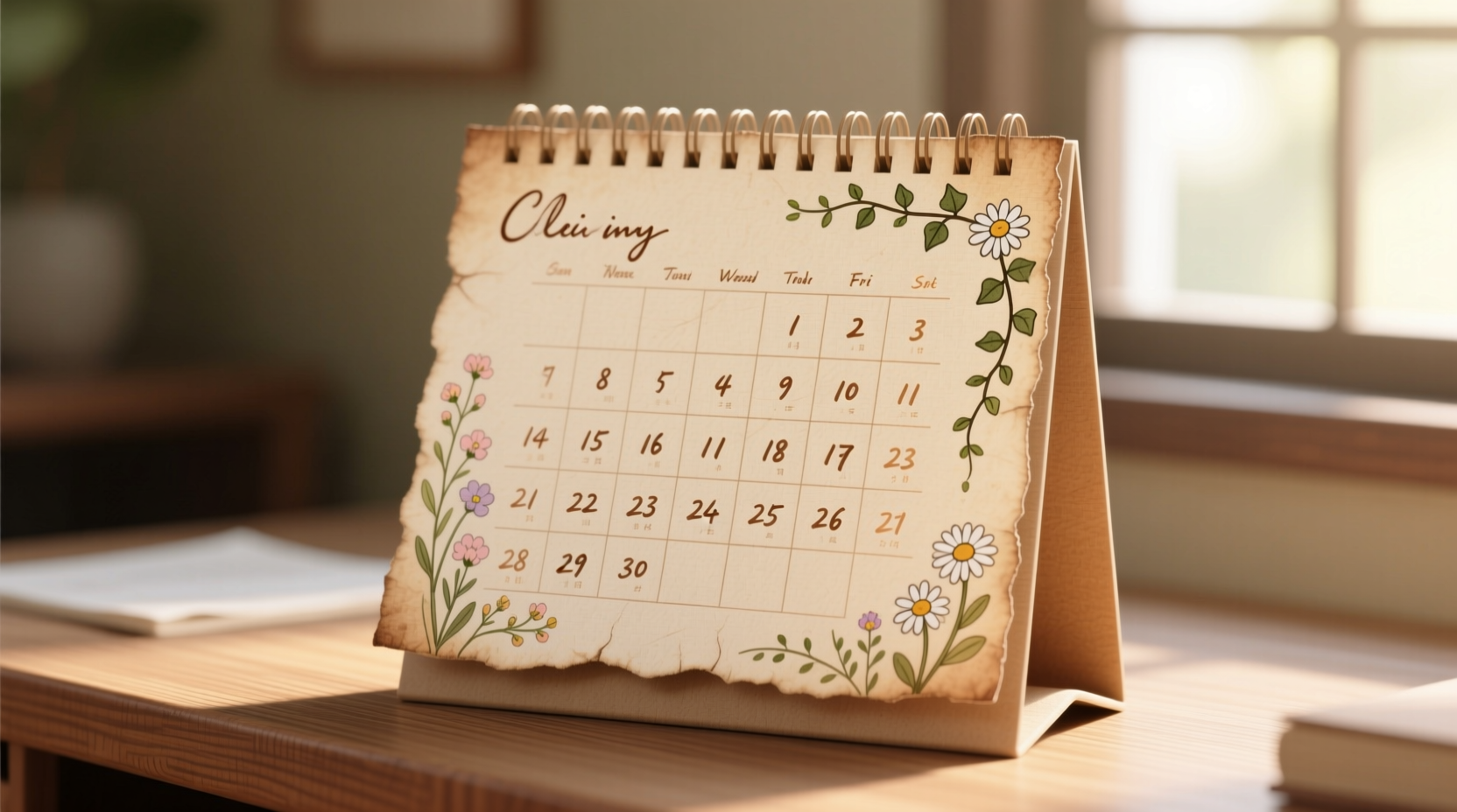 Recycled paper desk calendar with handwritten dates and floral accents