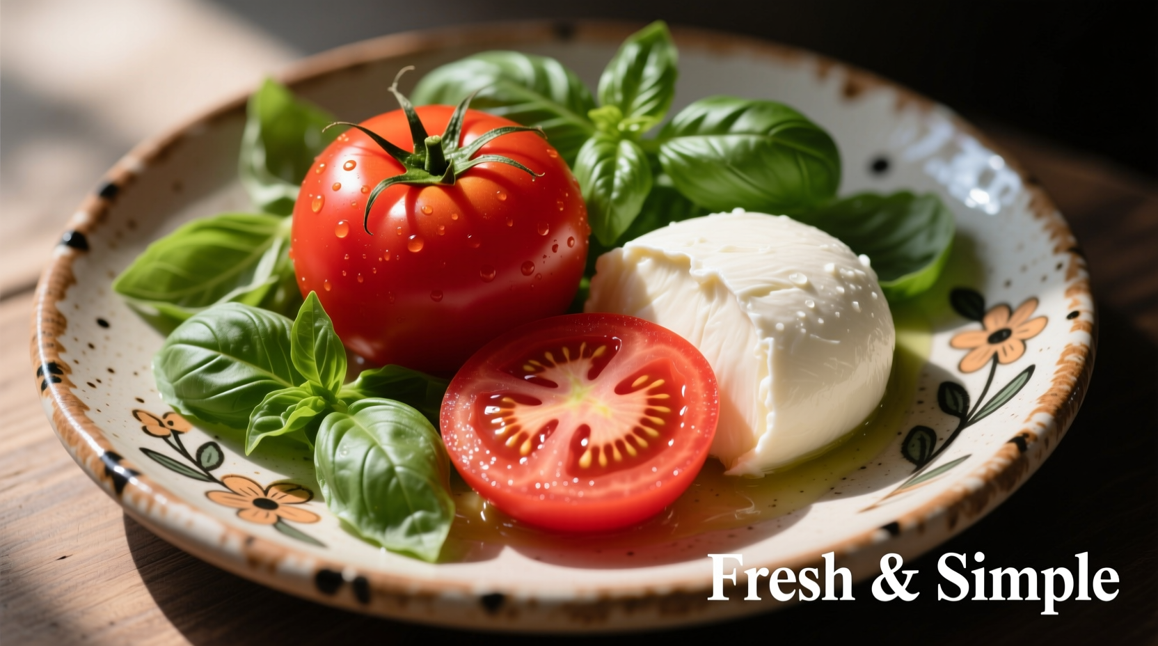 Fresh tomato basil mozzarella arrangement on ceramic plate