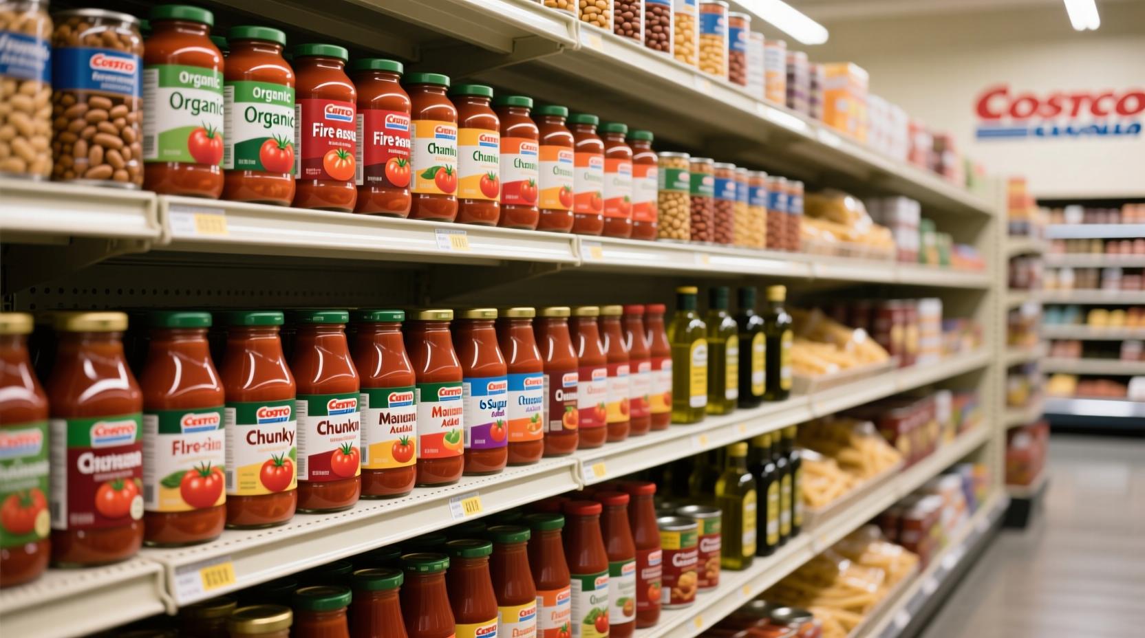 Costco tomato sauce varieties on shelf