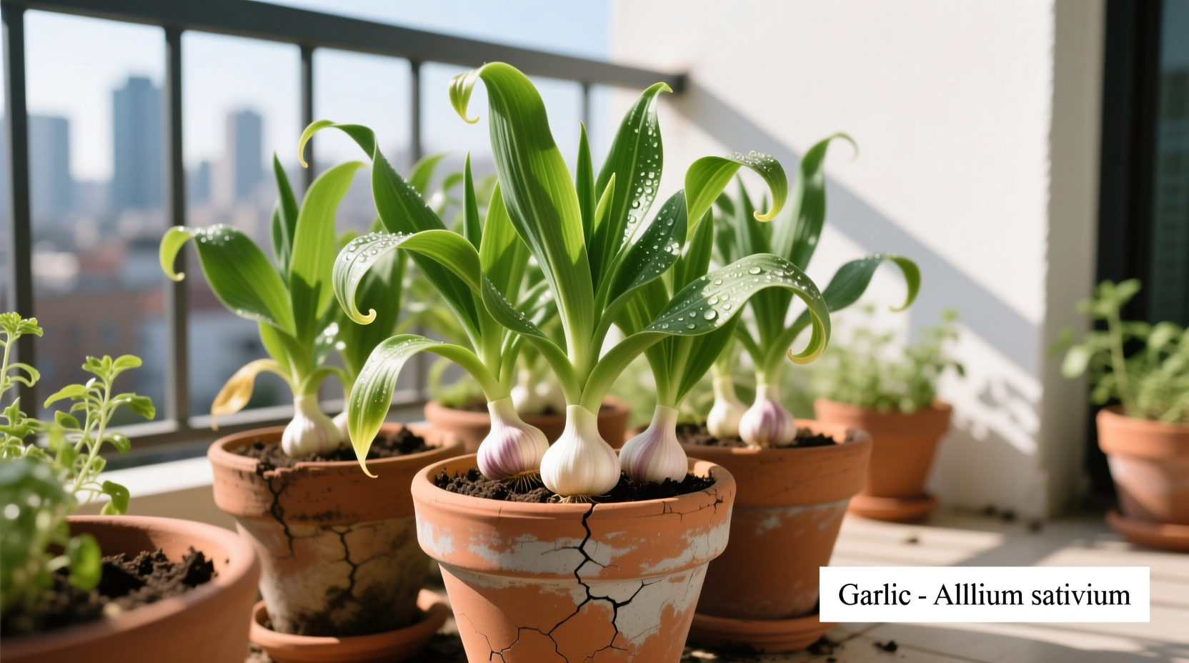 Healthy garlic plants growing in terracotta pots on a sunny balcony