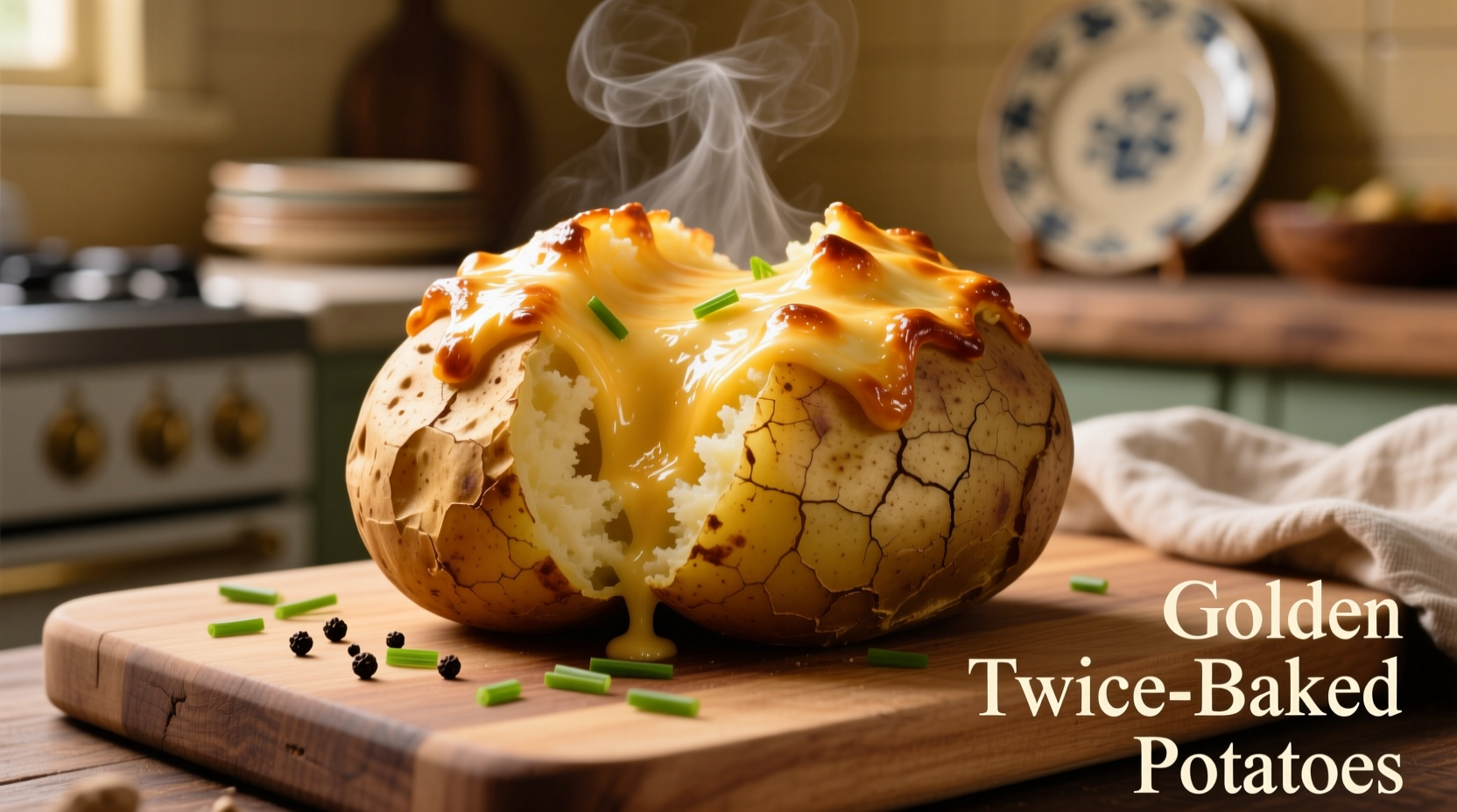 Perfectly golden twice baked potatoes with melted cheese topping