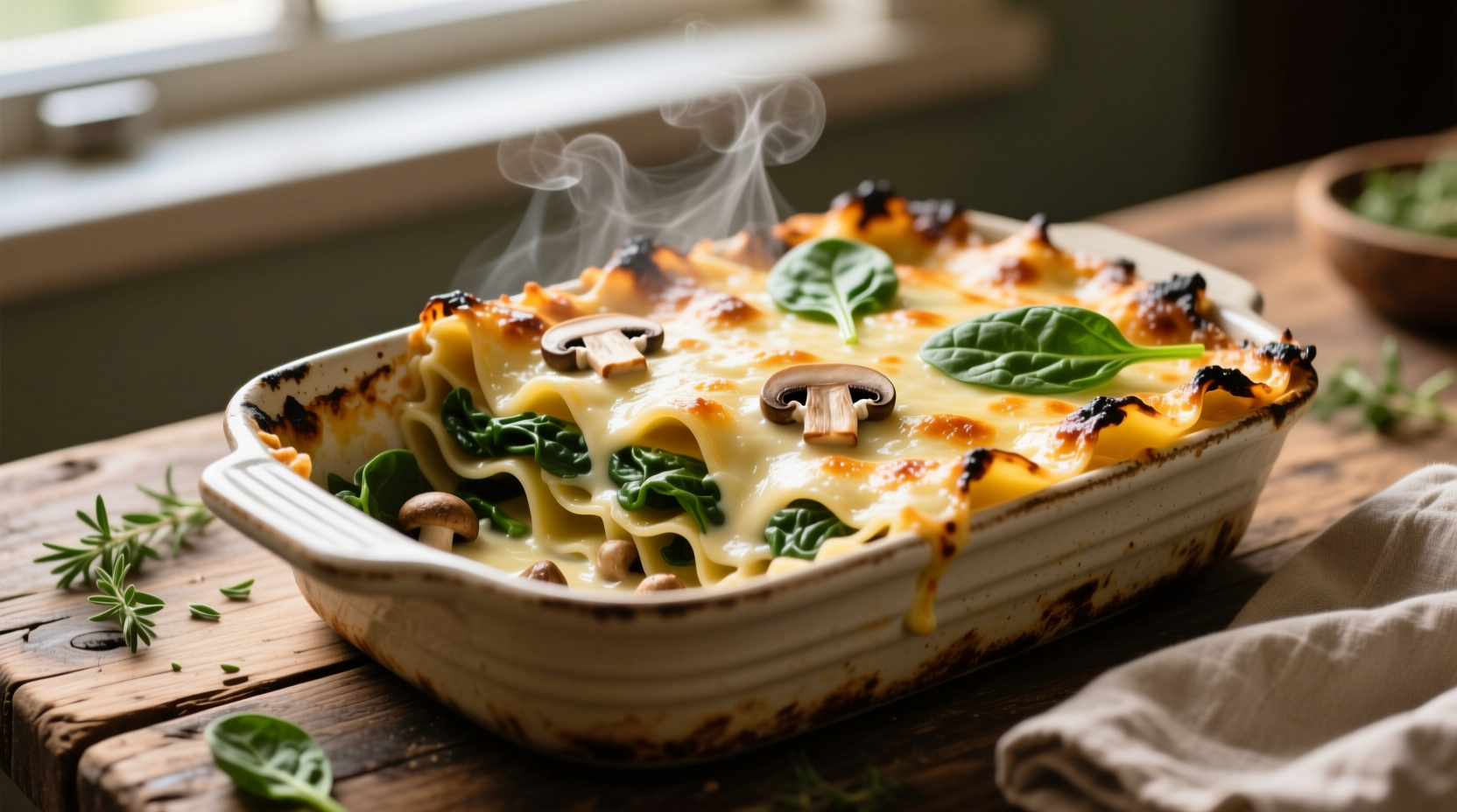 Creamy spinach mushroom lasagna in baking dish