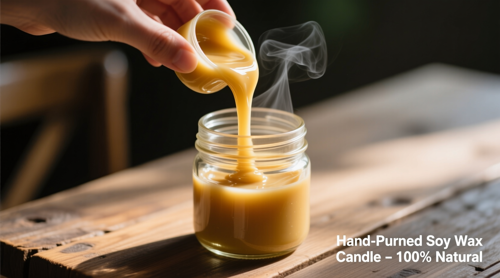 Hand pouring soy wax into mason jar candle