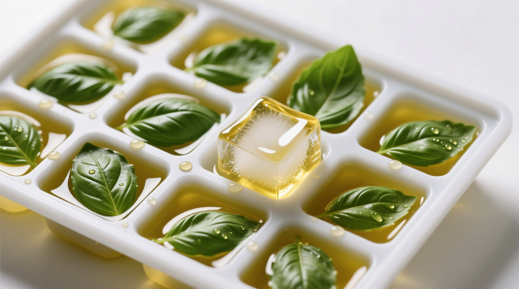 Top-down photo of silicone ice tray filled with vibrant green basil leaves submerged in golden olive oil, each compartment clearly defined, with one finished cube removed to show clean separation and glossy surface