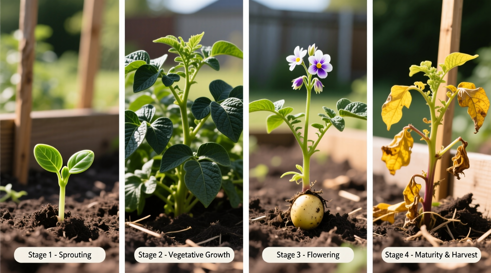 Potato plant growth stages in garden