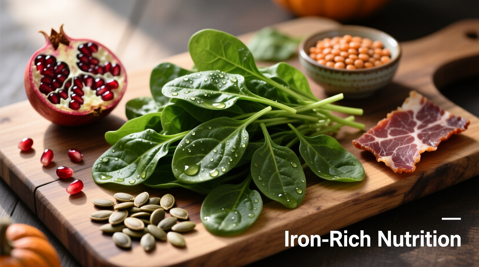Fresh spinach leaves on wooden cutting board with iron-rich foods