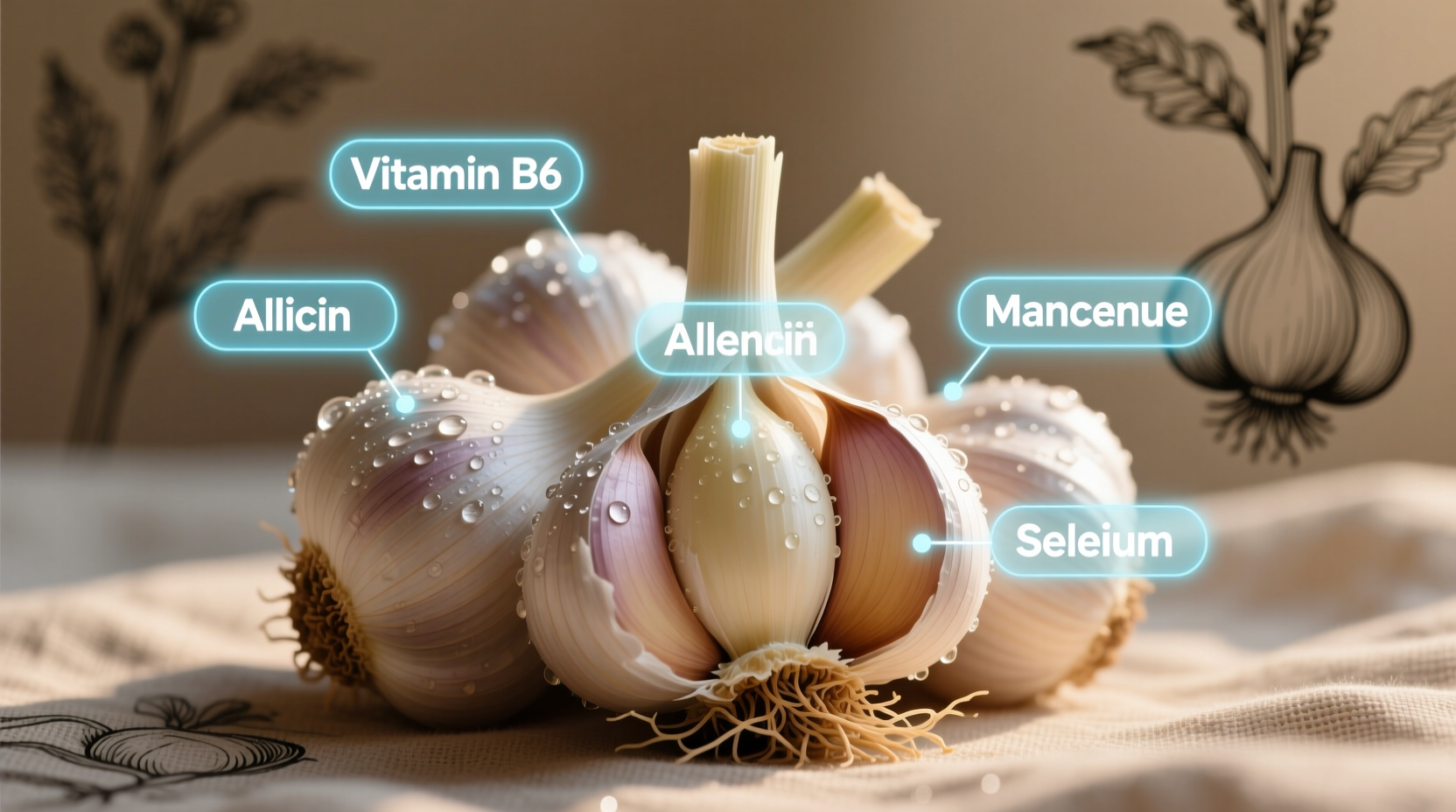 Fresh garlic cloves with nutritional components highlighted