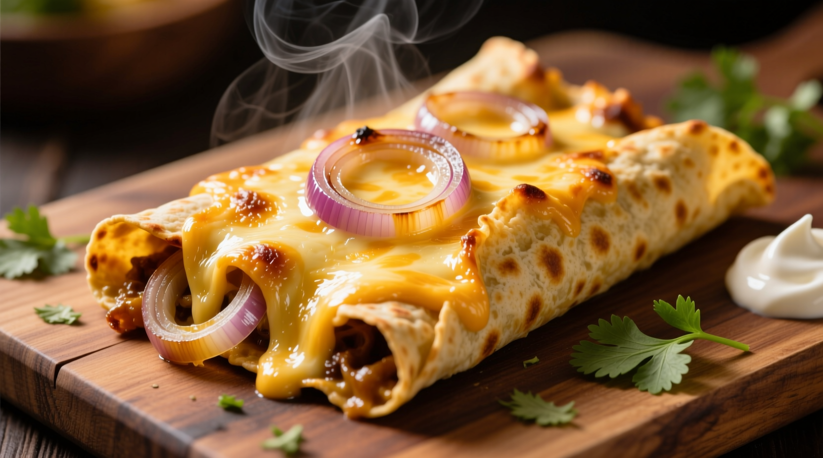 Golden cheese onion enchiladas with melted cheese and onions